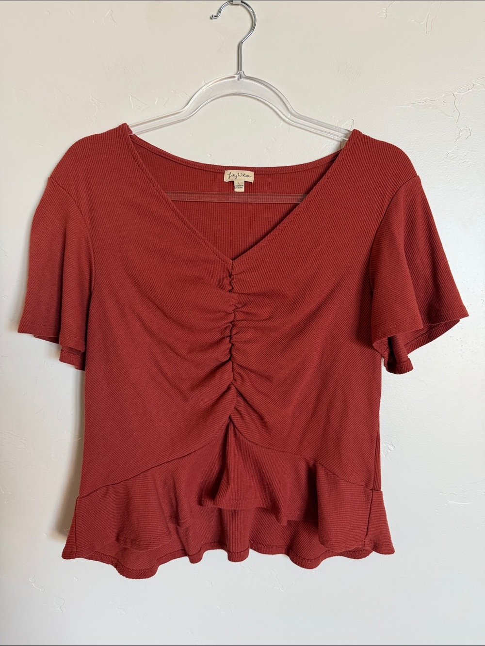Lily White Ribbed Short Sleeve Ruched Ruffle Top